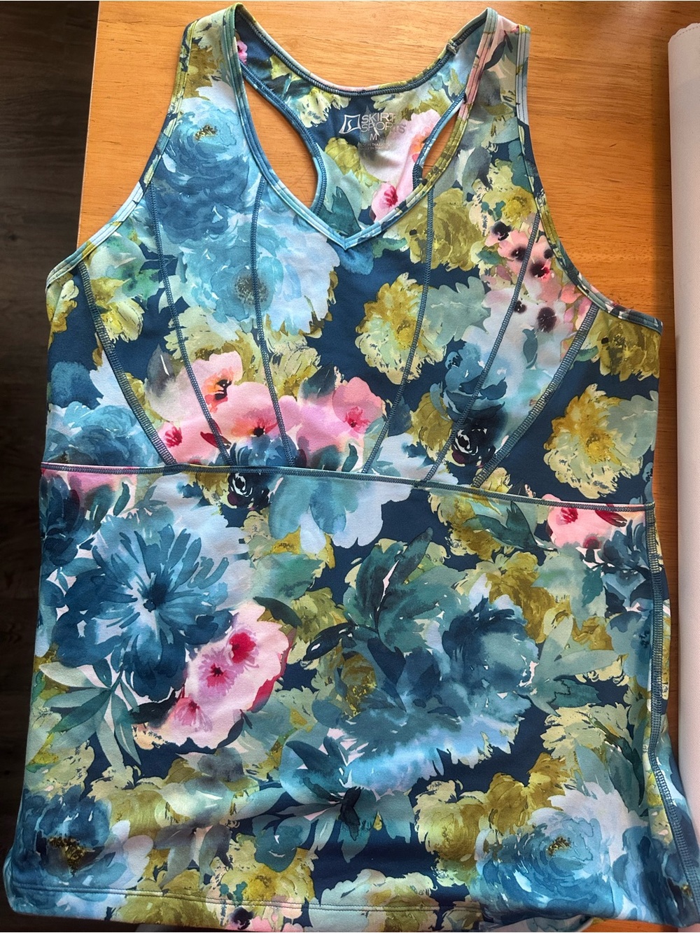 Skirt Sports Elipse Tank Top. Floral Racerback Tank Top in Teal, Pink & Olive
